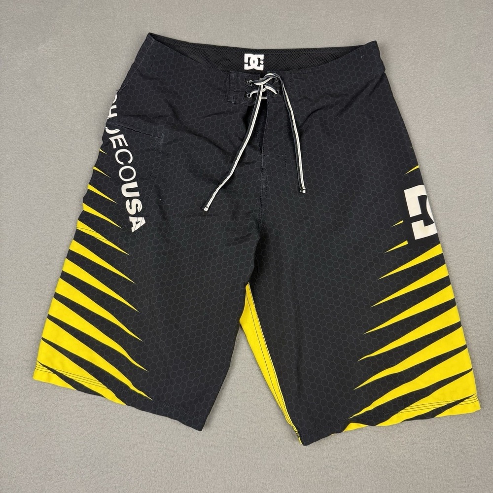 DC‎ Shoe Co USA Swim Shorts Size 28 Black Yellow Board Shorts Y2K